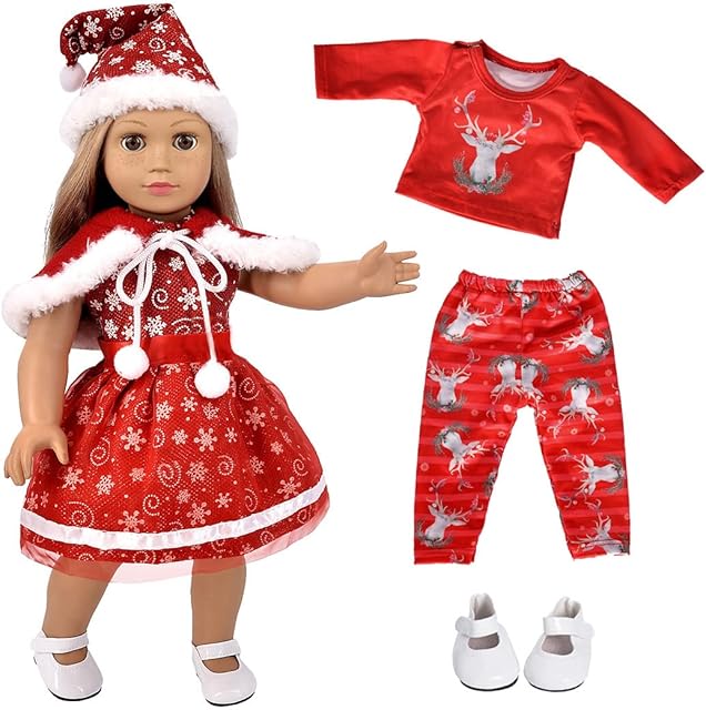 The ebuddy Doll Clothes and Accessories 5pc Christmas Clothes Dress with 1 Pair Shoes for 18 inch Girl Doll,Most 18 Inch Dolls