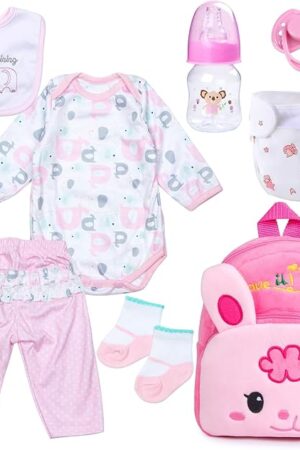 The Reborn Baby Doll Clothes 18-22 Inch Newborn Baby Doll Clothes Accessories Pink Elephant 8 Pcs Set with Rabbit Backpack Girl Gift