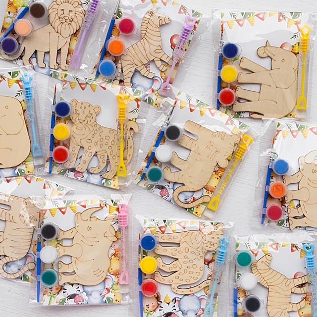 The Safari Party Favors - 12 PCS Jungle Craft Kits Party Supplies - Safari Jungle Wooden Painting Kit for Kids with Bubble Wand - Wild Animals Christmas Birthday Goodie Bags Gifts Prizes Girls Boys