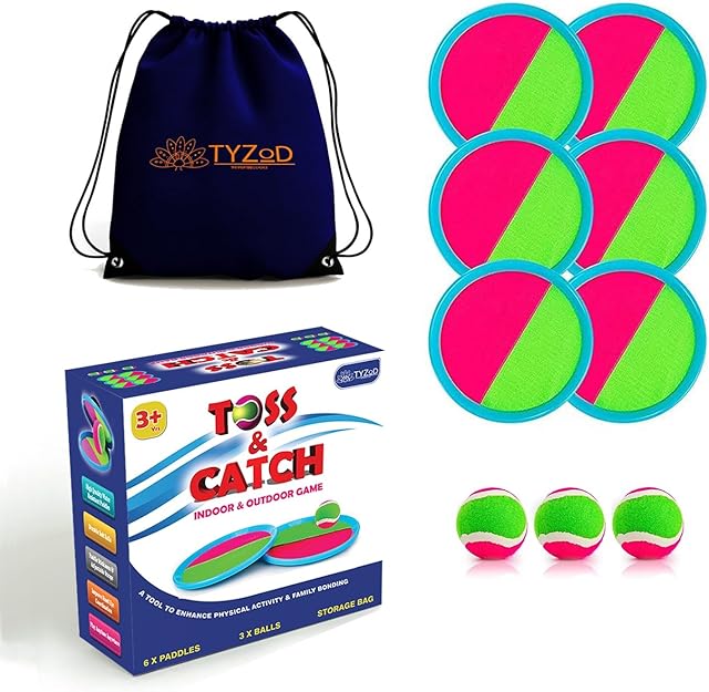 The Toss and Catch Ball Set, Outdoor Games, Beach Games for Kids, Toss Ball and Catch Game Set for Kids/Family (6 Paddles, 3 Balls and 1 Storage Bag) (Pink-Green)