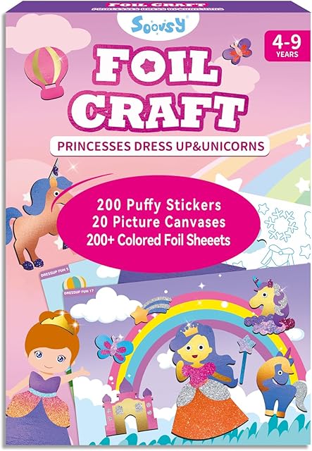 The SOOVSY 200 Sheets Princesses & Unicorns Foil Art Fun Kit for Kids, Foil Art Craft DIY Creative Activity Gift Travel Toys for 4 5 6 7 8 9 Years Old Kids Girls Boys(Unicorns & Princesses)