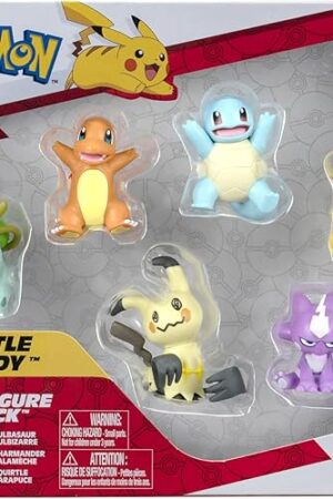 The Pokémon Battle Figure 6 Pack-Features 2-Inch Pikachu, Squirtle, Charmander, Bulbasaur, Mimikyu & Toxel-Authentic Details