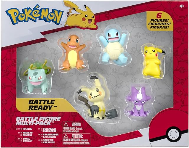 The Pokémon Battle Figure 6 Pack-Features 2-Inch Pikachu, Squirtle, Charmander, Bulbasaur, Mimikyu & Toxel-Authentic Details