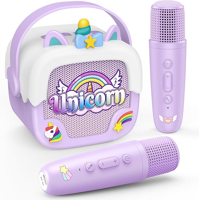 The Mini Karaoke Machine for Kids Girls: Unicorn Portable Bluetooth Speakers with 2 Wireless Mic Toys for Girls Age 4-6 7 8 9 Years Old Girl Gifts Birthday Gifts for 5 6 7 8 9 10 11 Years Teens Purple