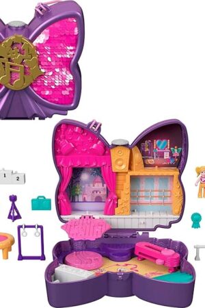 The Polly Pocket Compact Playset, Sparkle Stage Bow with 2 Micro Dolls & Accessories, Travel Toys with Surprise Reveals