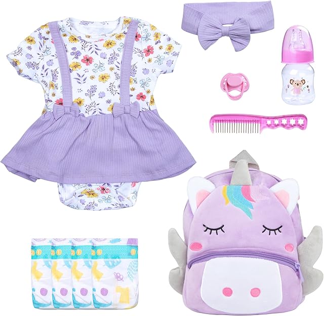 The 10 Pcs Reborn Baby Doll Clothes Set Fit 17-22 Inch Lifelike Babydoll Purple Unicorn Backpack with Magnetic Pacifier Accessories Outfit Girl