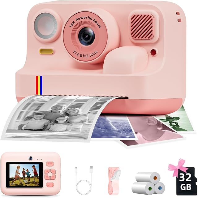The Instant Print Camera for Kids, Christmas Birthday Gifts for Girls Boys Age 3-15, 1080P Selfie Portable Digital Video Camera with 32GB SD Card, 3-Colored Print Paper- Pink