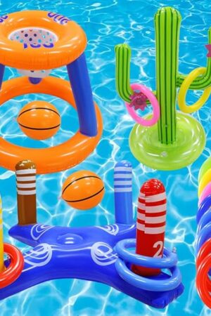 The Pool Toys Games Set,Pool Basketball Hoop Inflatable Cross Ring Toss Game and Inflatable Cactus Kids for Teens Adults and Family (3 Set Water Toys)