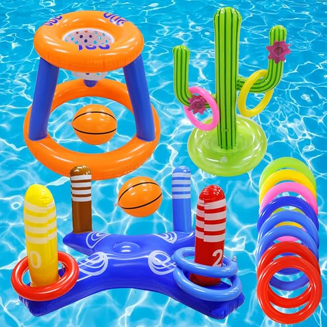 The Pool Toys Games Set,Pool Basketball Hoop Inflatable Cross Ring Toss Game and Inflatable Cactus Kids for Teens Adults and Family (3 Set Water Toys)