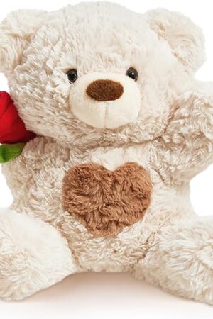 The Rose Teddy Bear Stuffed Animals Soft Plush Toy Teddy Bear with Rose Gift for Mother Girlfriend Birthday Wedding 10", White