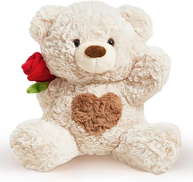 The Rose Teddy Bear Stuffed Animals Soft Plush Toy Teddy Bear with Rose Gift for Mother Girlfriend Birthday Wedding 10", White