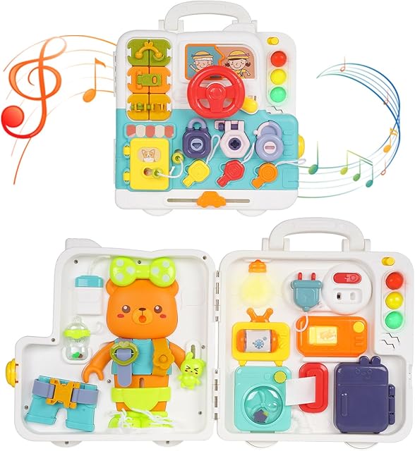 The Toddler Busy Board Toys with Light Sound Montessori Sensory Travel Toys Kids Fine Motor Skill Learning Activity Board Early Educational Toy Motor Skills Developmental Toy Birthday Gift for Boy Girl