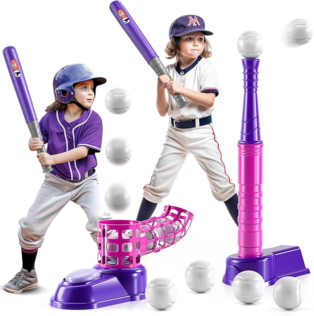 The 2 in 1 T Ball Sets for Kids 3-5,Tee Ball Set with 10 Balls,Step on Pitching Machine,Teeball Batting Tee,Baseball Toys Outdoor/Indoor Sport Toys Gift for 3 4 5 6 7 8 Year Old Kids Girls