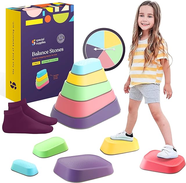 The Special Supplies Set of 5 Stepping Stones for Kids Indoor and Outdoor Balance Blocks Promote Coordination, Balance Strength Child Safe Rubber, Non-Slip Edging (Rainbow)