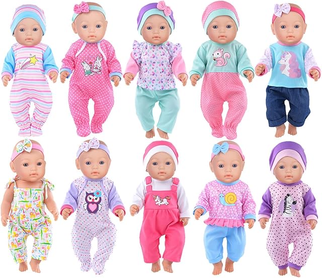 The iBayda 10 Sets Doll Clothes & Accessories Include Rompers, Outfits for 14-17 Inch (35-43cm) New Born Baby Dolls (Doll Not Included)