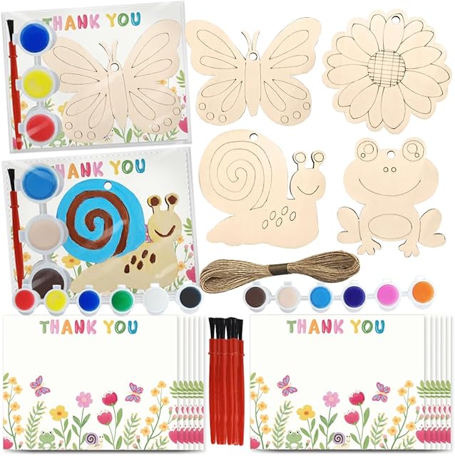 The Jekocet ㅤ 24 Pcs Wooden Painting Crafts for Garden Birthday Party Decoration Unfinished Wood Crafts to Paint Insect Butterfly Wild Flower Snail Frog Shape Party Favors