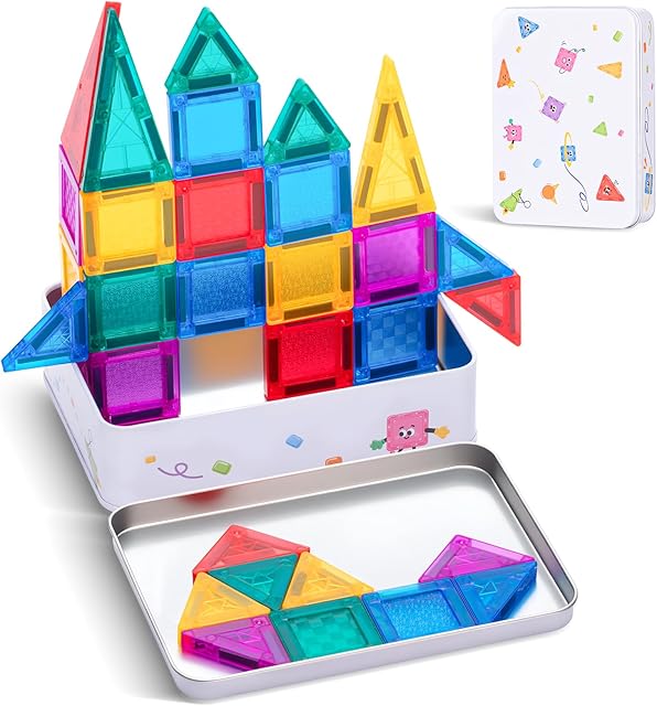 The Mini Magnetic Tiles with Iron Case, 60 Pcs Travel Magnetic Toys Set, Magnet Building Block Set, Magnatiles for Toddlers 1-3, Travel Toys for Kids Ages 3+, Gifts for Boys & Girls Birthday Christmas