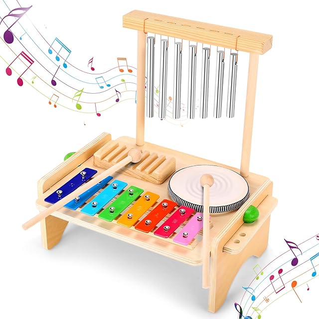 The Kids Drum Set for Toddlers, Montessori Musical Instruments Toys, Toddler Drum Set Wooden Xylophone Musical Toys Birthday for Children Boys and Girls