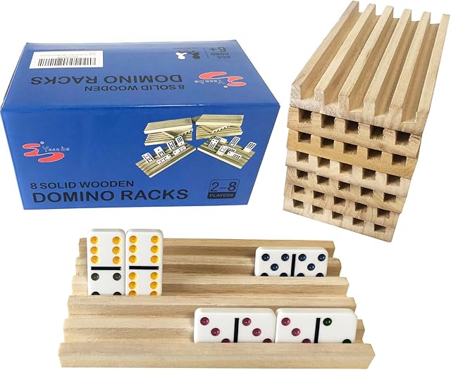 The Yuanhe Domino Holder Trays Rack - Set of 8 Wooden Tiles Stand Holders for Mexican Train Rummy Chickenfoot