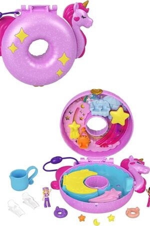 The Polly Pocket Sparkle Cove Adventure Unicorn Floatie Compact Playset with 2 Micro Dolls & 12 Accessories, Including 2 with Color Change