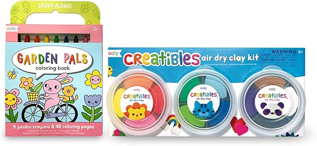 The Ooly Travel Art Kit with 9 Jumbo Crayons, 48 Themed Coloring Pages & Case & Creatibles, 12 Colors Air Dry Clay Kit for Kids Craft, Modeling Clay with 3 Shaping Tools, Craft Supplies & Materials