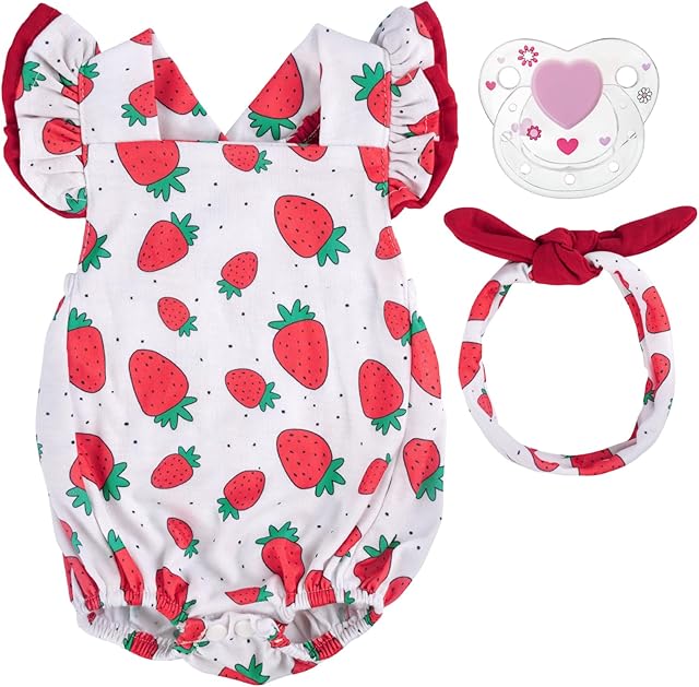 The BABESIDE 3Pcs Reborn Baby Doll Clothes for 17-22 Inch Dolls,Strawberry Outfit Set with Magnetic Pacifier, Cute Baby Doll Accessories for Newborn Reborn Girl Dolls