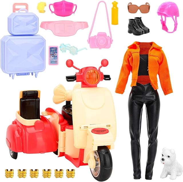 The Miunana 22PCS Fashion Doll Clothes & Accessories Set for 11.5 Inch Girl Dolls, Outfits with Motorcycle, Pet Dog, Sunglasses, Handbags, Travel Toys