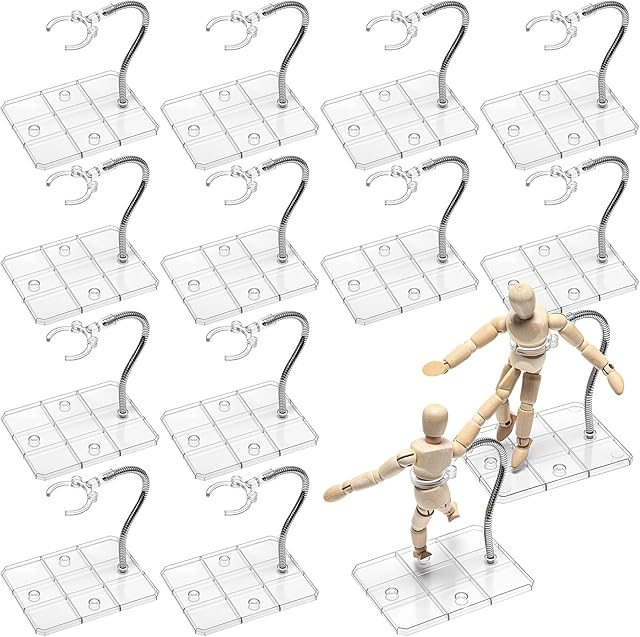 The 12 Pcs Action Figure Stands for 8 to 12 Inches Dolls Flexible Assembled Action Figure Display Holder with Adjustable Metal Support Arm Stands Base (Clear)