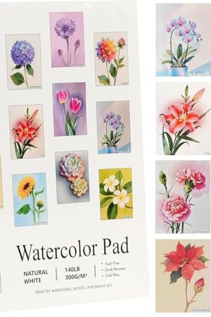 The RGBMIX 12 Sheets Flower Watercolor Paper Book 9x12'' Watercoloring Paper Pad Arts 100% Cotton Water Coloring Pad Paint Stress-Relief Painting Art Painting Supplies Ideal for Beginners