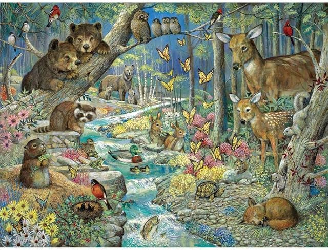 The Bits and Pieces – 1000 Piece Jigsaw Puzzle for Adults – Spring Babies - Forest Animals, Flowing River Jigsaw Puzzle by Artist Ruane Manning, Completed Puzzle Size: 24" x 30"