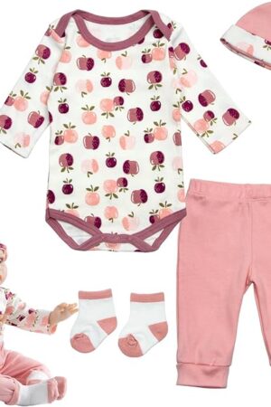 The Reborn Baby Doll Clothes for 17-22 Inch Newborn Baby Dolls Clothes Girl 4pcs Accessories Outfit Reborn Pink Apple Clothing Set
