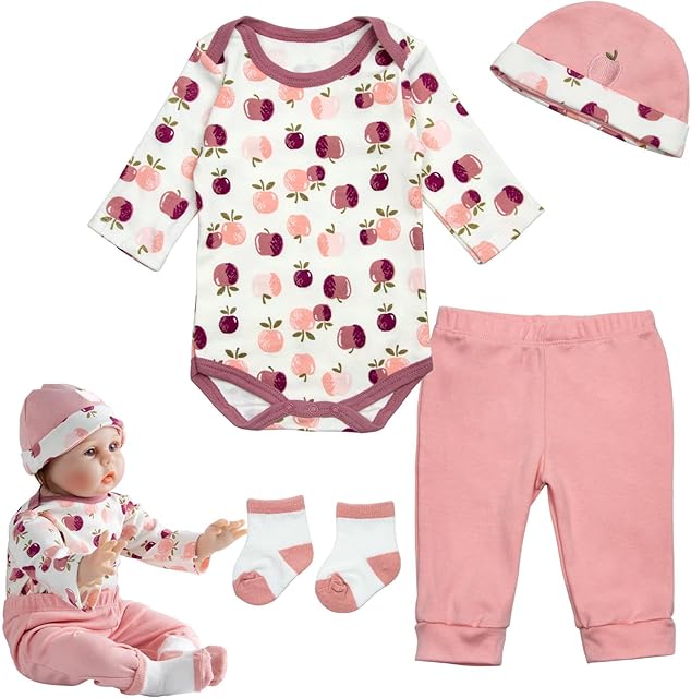 The Reborn Baby Doll Clothes for 17-22 Inch Newborn Baby Dolls Clothes Girl 4pcs Accessories Outfit Reborn Pink Apple Clothing Set