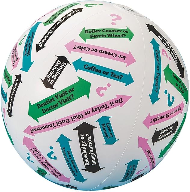 The S&S Worldwide Toss N Talk About - This or That About Ball, 16" Diameter, Inflatable Vinyl, Conversation Starter Ball. Includes Activity Suggestion Sheet.