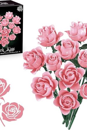 The Pink Roses Bouquet Building Set, Artificial Flowers Botanical Collection Blocks Kit DIY Fake Roses for Adults Women Valentines & Mother's Day Girlfriend Gifts - Home Decor