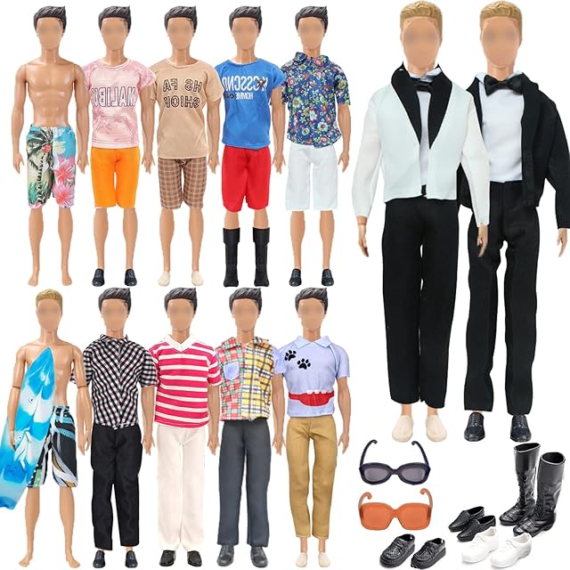 The 19 PCS Doll Clothes Including Handmade 1 Suit 5 Tops 5 Pants Casual Wear 2 Beach Pants 4 Pair of Shoes 1 Glasses 1 Surfboard for 11.5 Inch Boy Doll Outfits for Boyfriend Doll in Random