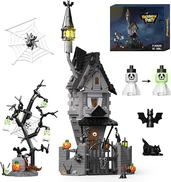 The Halloween Haunted House Building Set, Before Christmas Haunted Mansion with Light, Luminous Ghost Pumpkin Bat Withered Tree Spider Decor, Halloween for Fans, Adults Kids