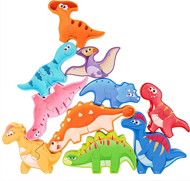 The Wooden Stacking Blocks Toy for Toddlers Boy Girl (Dinosaur A)