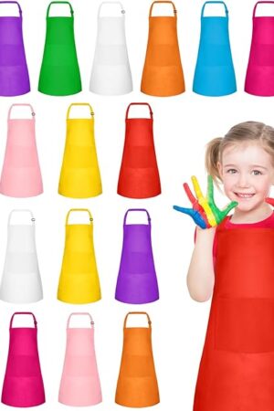 The PLULON 20 Pcs Kids Apron Set Adjustable Children Art Aprons Bulk with 2 Pockets Artist Apron for Baking Painting Cooking Activity, Multicolor