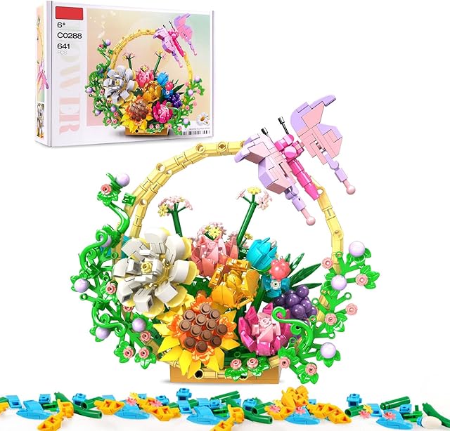 The SIENON Flower Bouquet Building Set, Artificial Flowers Bonsai Basket Building Toy, Unique Home Wall Decor-Flowers Botanical Collection Building Kit Gift for Christmas Valentines Mother’s Day (641pcs)