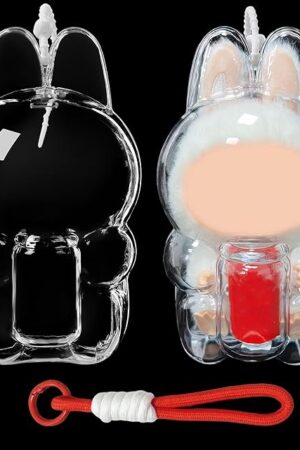 The Protective Case for LABUBU Sitting Happy Factor,Clear Plastic Display Sit Style Protective Cover PVC Bag Hanging Model Box with Keychain, Sitting Red Soda Can