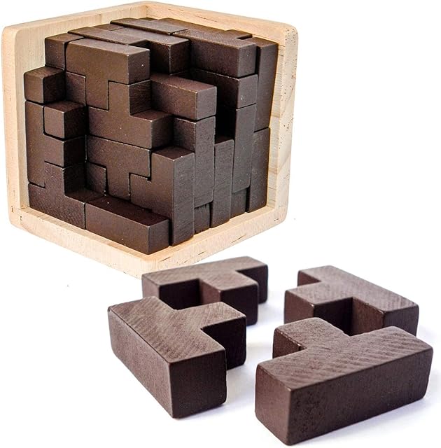 The Wooden Brain Teaser Puzzle Cube Stress Relief Toys for Kids Adults Wooden Puzzles T-Shaped Jigsaw Logic Puzzle Educational Toy for Children Teenagers by AHYUAN (Coffee)