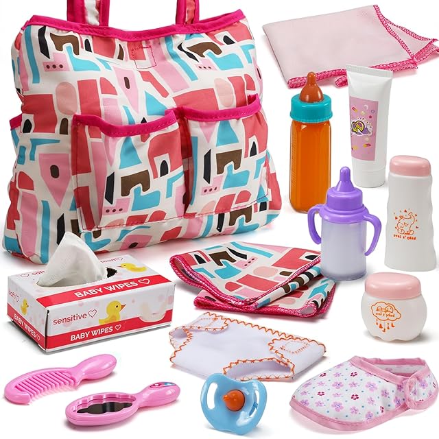 The 14 Pack Baby Doll Accessories, Baby Doll Feeding and Caring Set Includes Diaper Bag, Doll Diapers, Magic Bottle, Changing Mat for Girl Toddler Kid, Babies Pretend Play Set for Birthday Gift Christmas