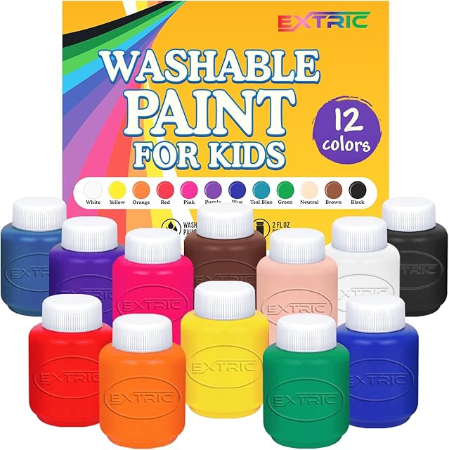 The EXTRIC Washable Paint for Kids 12 Color, Non-Toxic Tempera Kid Paint 2 oz Bottles, Vibrant Pigments, Easy-Clean Toddler Paints, Kids Painting Set Arts and Crafts Supplies