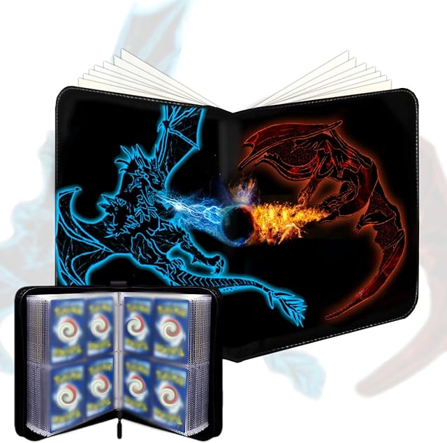 The Trading Card Binder Card Binder Holder: 4-Pocket for Trading Cards Holder Sleeves Portable Card Collector Book Fits 440 Cards with 55 Removable Sleeves with Zipper(Double Dragon)