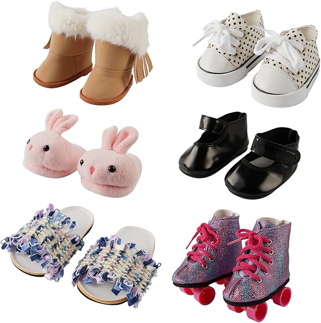 The BABESIDE 6 Pairs of Doll Shoes fit 18 Inch Doll Girl, 18 Inch Doll Shoes Include Boots, Leather Shoes, Skates, Slippers, Snow Boots