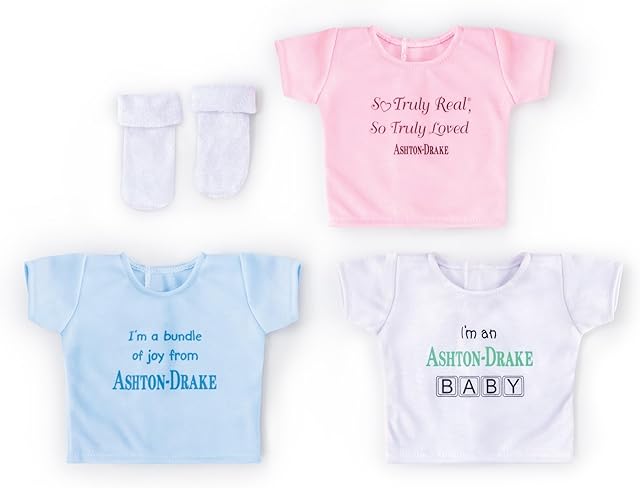 The Ashton-Drake Three T-Shirts and One Pair of Socks Baby Doll Accessory Set Featuring A Customized Expression On Each Shirt