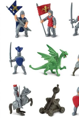 The Safari Ltd. Knights & Dragons Toob - Set of 10 Mini Figurines: Red & Blue Kingdom Knights, Catapult, and Green Dragon - History Learning Toy Figures for Boys, Girls & Kids Ages 3+