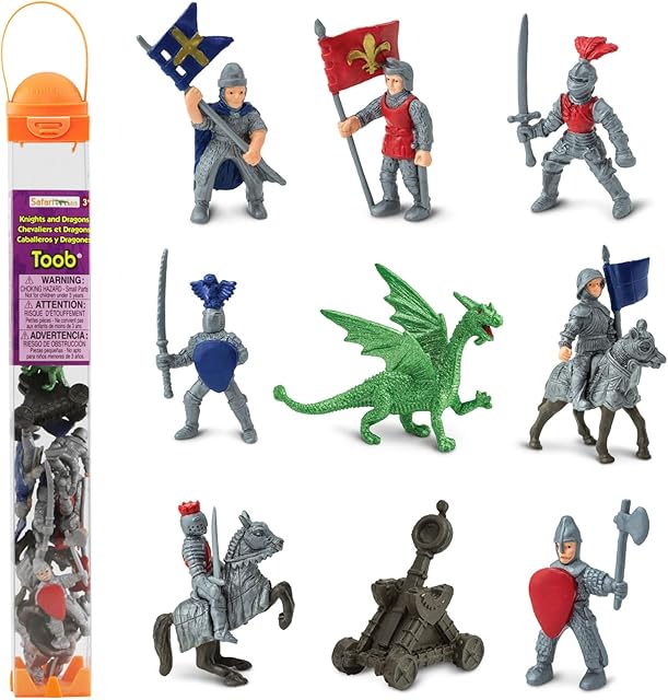 The Safari Ltd. Knights & Dragons Toob - Set of 10 Mini Figurines: Red & Blue Kingdom Knights, Catapult, and Green Dragon - History Learning Toy Figures for Boys, Girls & Kids Ages 3+