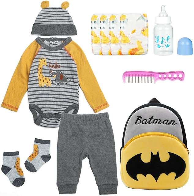 The 11 Pcs Reborn Baby Doll Clothes Boy18 Inch Batman Backpack Diaper Bag Set for 18-20 inch Reborn Dolls Boy Clothes Birthday Gift