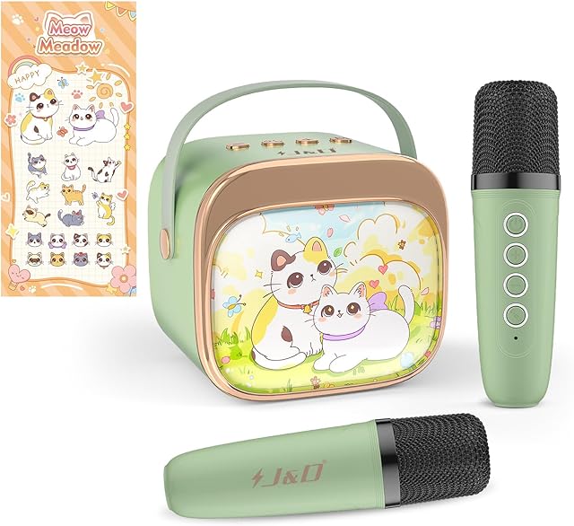 The J&D Mini Karaoke Machine for Kids Adults, Portable Bluetooth Speaker with 2 Wireless Mics and Cat Sticker for Girls Boys Age 3–10 Birthday Gifts Princess Toys, Colorful LED, Green